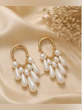 Pearl Chandelier Statement Earrings | Gold Tone | Vintage Glam | Elegant Drop Ea